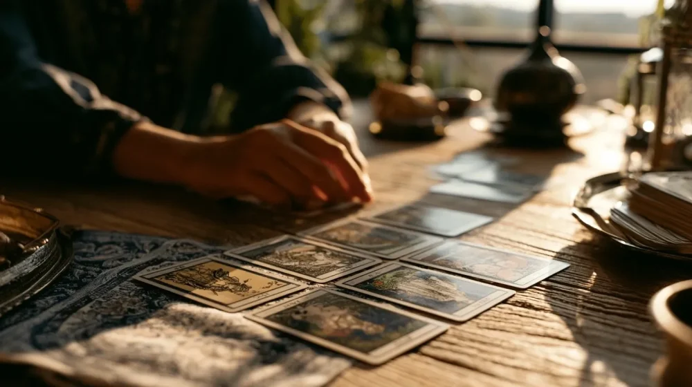 Burn-out ou simple fatigue : comment faire la différence ? — tirage tarot carrière sobre pour clarifier un malaise au travail, mains près des cartes, style éditorial réaliste