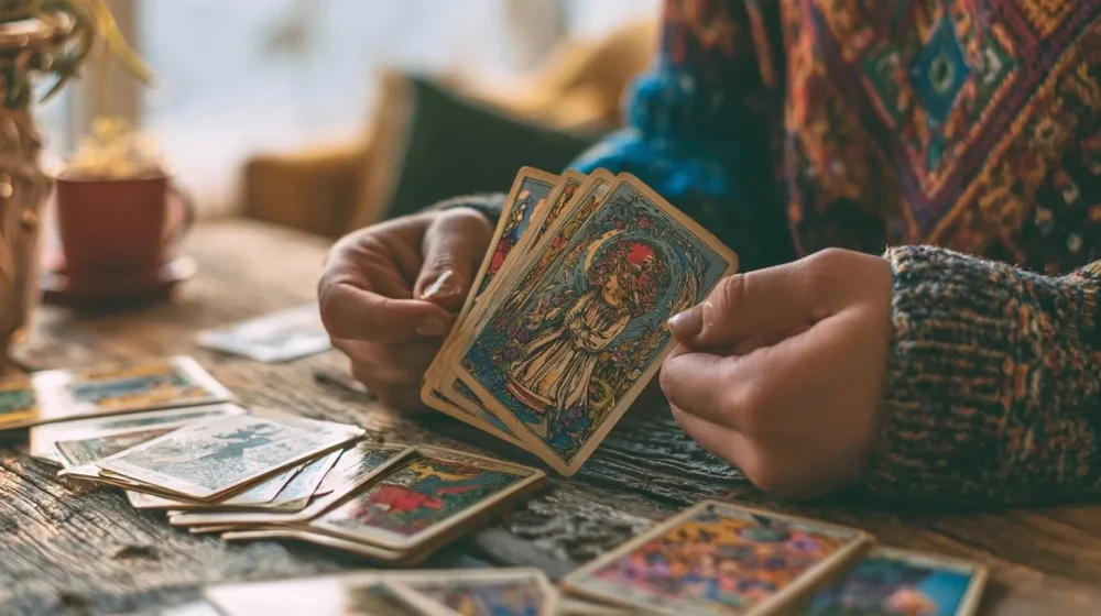 Tirage tarot en ligne : comment reconnaître une consultation sérieuse — tirage tarot professionnel pour question de carrière, mains et cartes sobres, ambiance sérieuse