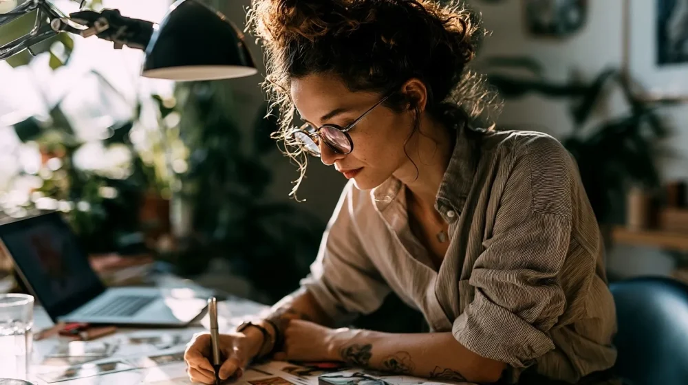 Tirage tarot en ligne : comment reconnaître une consultation sérieuse — personne relisant une guidance en ligne et notant les prochaines étapes, bureau lumineux