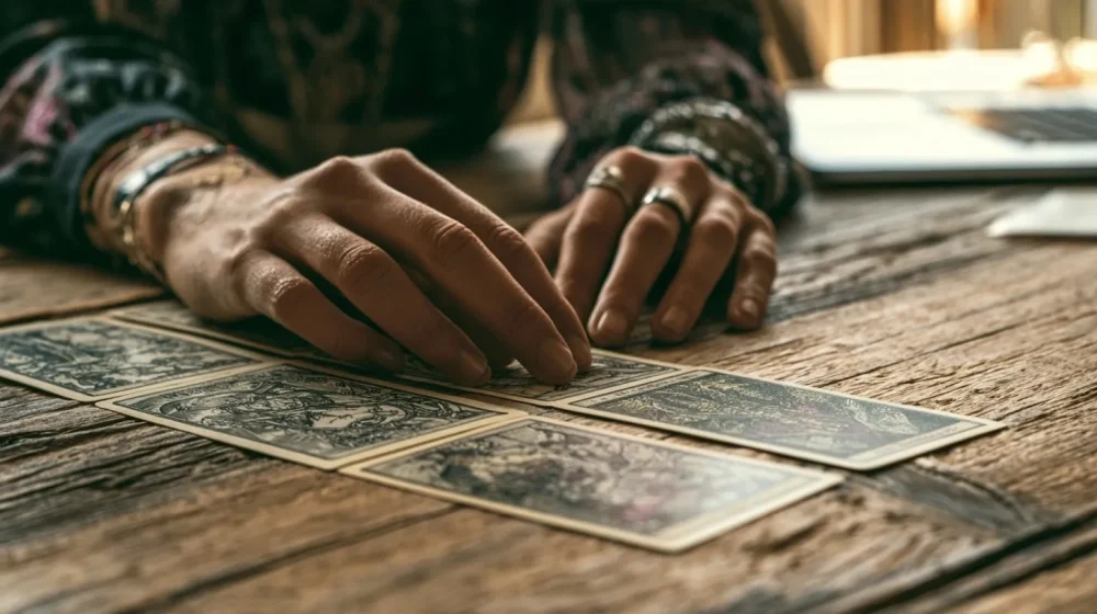 Ambiance toxique au travail : signes, causes et décisions à prendre — tirage tarot carrière discret pour clarifier une ambiance toxique au travail, mains près des cartes, bureau réaliste