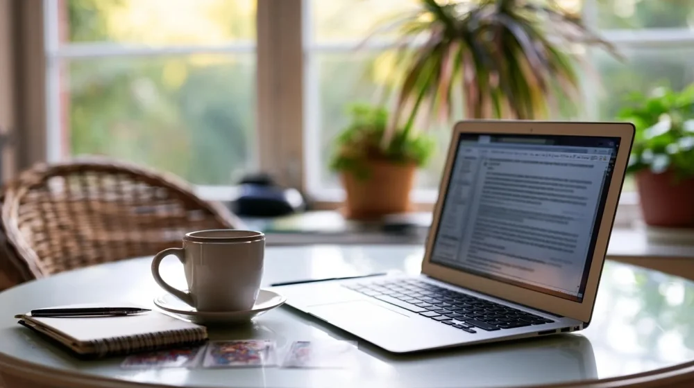 Avis sur la voyance professionnelle par email : pour quels profils ? — email de guidance carrière relu sur ordinateur portable avec carnet de notes, sans texte lisible, lumière douce