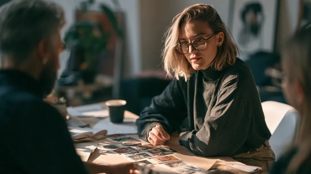 Changer de niche ou persévérer : comment décider — discussion réaliste entre entrepreneure et prospect autour d une offre, bureau moderne sans texte lisible