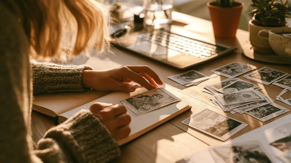 Changer de niche ou persévérer : comment décider — tirage tarot business discret près d un carnet de stratégie, mains et cartes sobres, photo magazine professionnelle