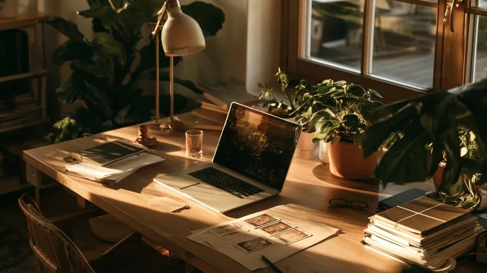 Changer de niche ou persévérer : comment décider — plan de test commercial avec ordinateur et notes sur bureau lumineux, ambiance entrepreneuriale réaliste