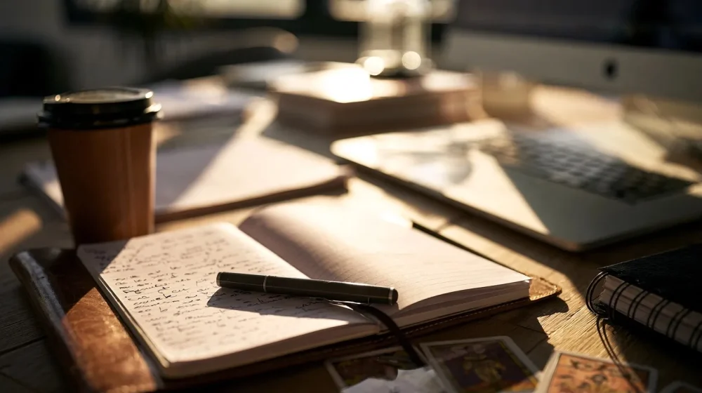 Comment poser une bonne question à un voyant professionnel — carnet avec contexte de décision carrière et ordinateur, notes floues sans texte lisible, lumière douce