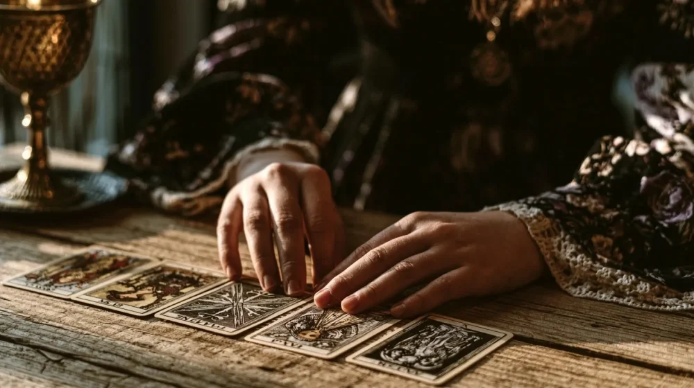 Comment poser une bonne question à un voyant professionnel — tirage tarot professionnel sobre pour question de carrière, mains près des cartes, ambiance sérieuse