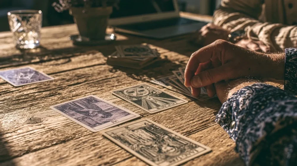 Créer son activité quand on doute : intuition ou peur ? — tirage tarot business sobre pour distinguer peur et intuition, ambiance professionnelle réaliste