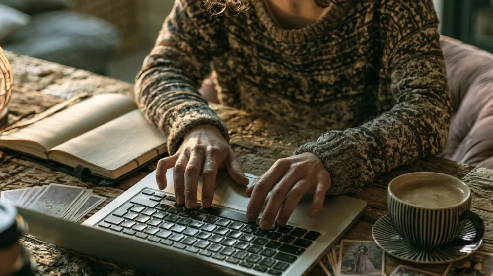 Créer son activité quand on doute : intuition ou peur ? — personne préparant une offre test sur laptop, agenda et tasse, sentiment de passage à l’action