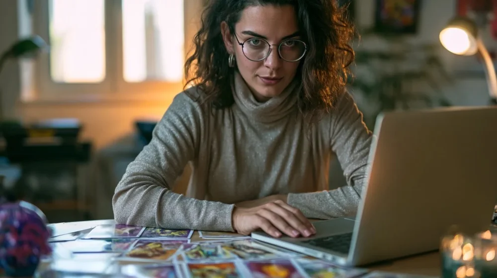 Les erreurs à éviter avant une consultation de voyance en ligne — consultation de tarot en ligne responsable sur ordinateur portable, cartes sobres et ambiance professionnelle