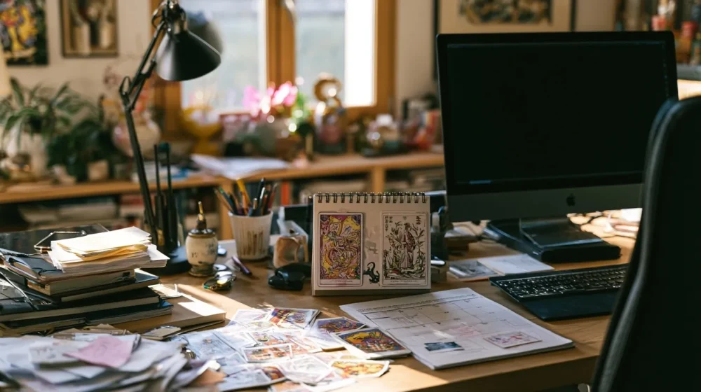 Salariat ou entrepreneuriat : comment choisir sans se mentir — bureau avec deux chemins symboliques salariat et entrepreneuriat, agenda, ordinateur, notes floues sans texte lisible