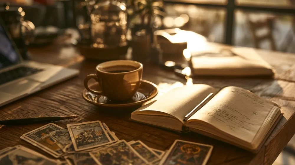 Stress professionnel : quand le corps essaie de vous prévenir — carnet ouvert et tasse sur un bureau de home office lumineux, agenda flou sans texte lisible, photo éditoriale réaliste