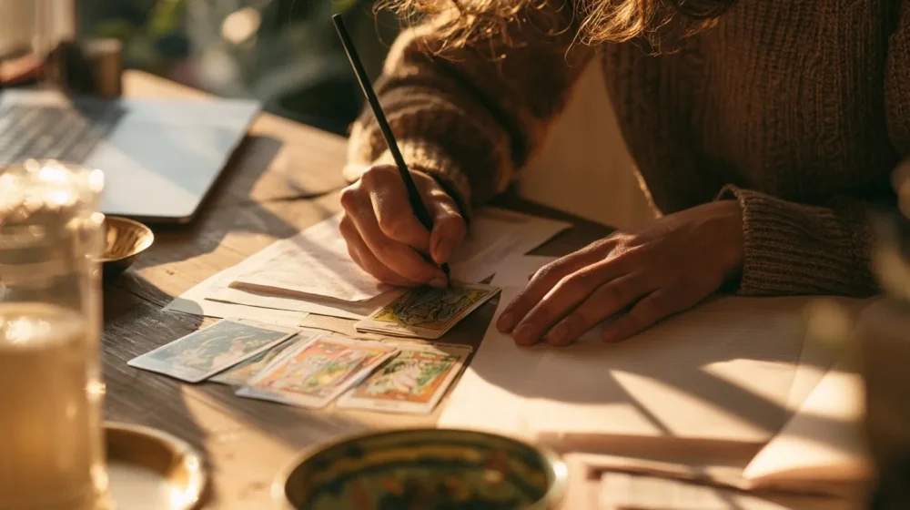 Stress professionnel : quand le corps essaie de vous prévenir — mains réfléchissant avec quelques cartes de tarot discrètes près de notes de travail, style professionnel réaliste