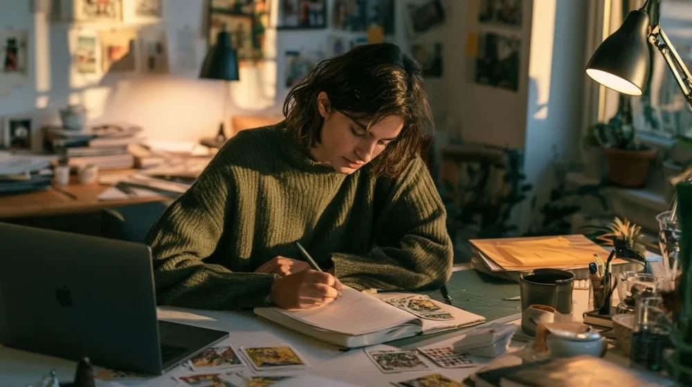 Stress professionnel : quand le corps essaie de vous prévenir — personne retrouvant une organisation sereine au bureau avec carnet et ordinateur, lumière matinale chaleureuse