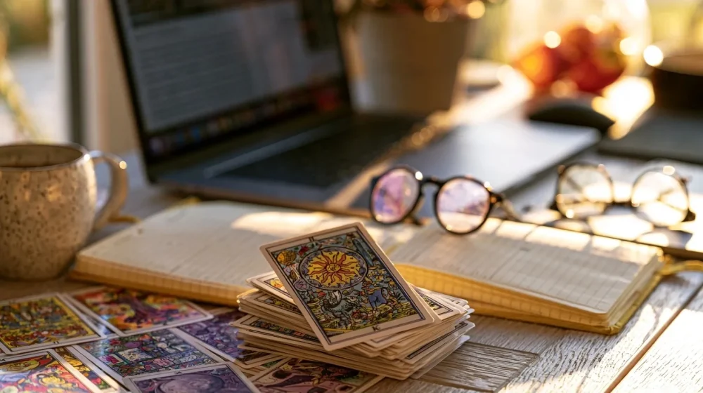 Surcharge mentale au travail : comment retrouver de la clarté — bureau apaisé avec agenda fermé et ordinateur, sentiment de clarté retrouvée, lumière naturelle