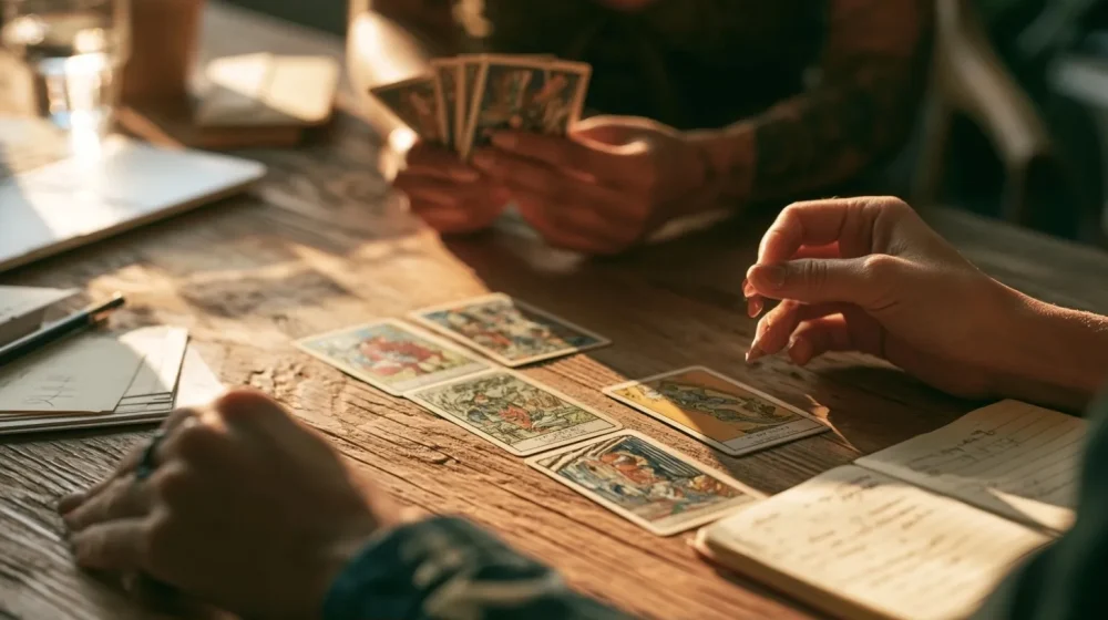 Tirage 3 cartes : dans quels cas est-il suffisant ? — mains interprétant un tirage de tarot discret avec notes de décision professionnelle, style magazine sérieux