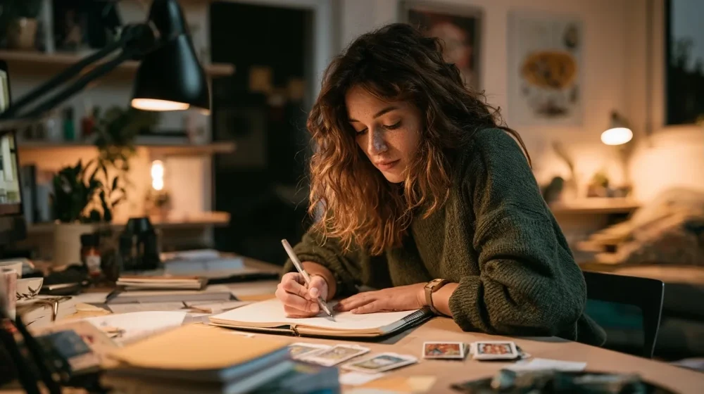 Angoisse du dimanche soir : comprendre le message derrière ce malaise — salariée organisant une seule priorité pour lundi dans un carnet, bureau réaliste