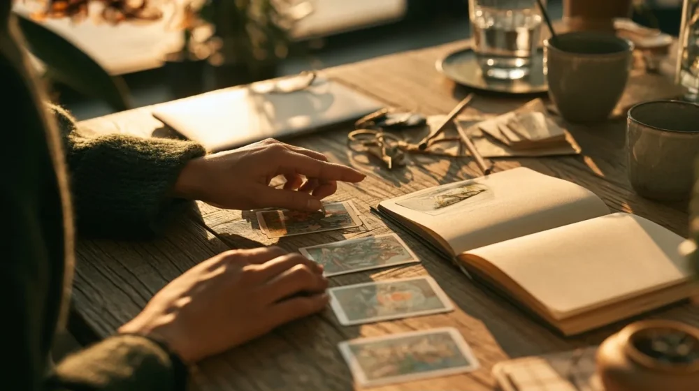 Angoisse du dimanche soir : comprendre le message derrière ce malaise — mains près de cartes de tarot discrètes et d un carnet de décision professionnelle