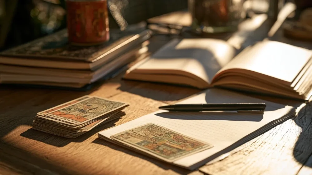 Comment choisir entre deux idées de business — cartes de tarot discrètes près de notes de décision business