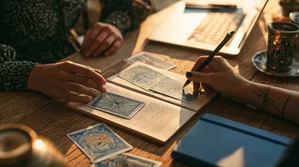 Comment poser ses limites au travail sans culpabiliser — mains près de cartes de tarot discrètes et d un carnet de décision professionnelle, style magazine sérieux