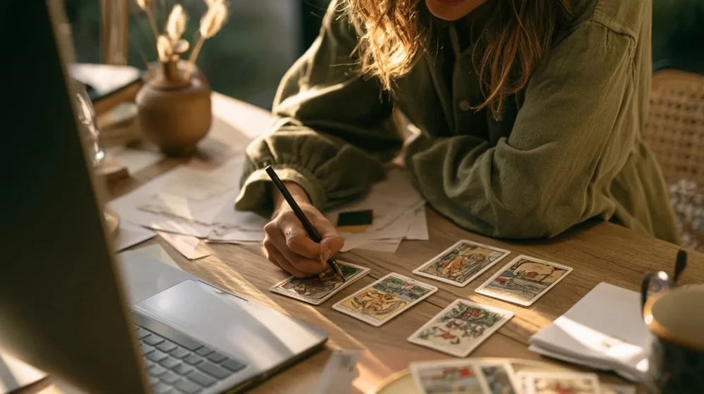 Comparatif des types de tirages tarot pour une question professionnelle — tirage trois cartes discret près d un ordinateur et notes de décision, home office sérieux