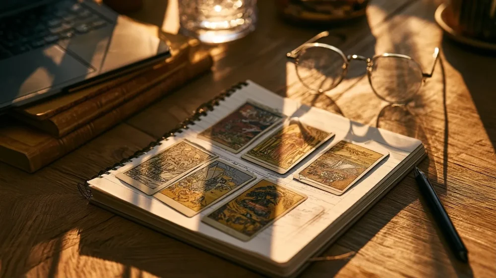 Comparatif des types de tirages tarot pour une question professionnelle — tirage cinq cartes organisé avec carnet et stylo, bureau professionnel sans texte lisible