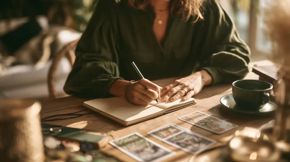 Comparatif des types de tirages tarot pour une question professionnelle — personne transformant une guidance en plan d action dans un carnet, cartes discrètes, lumière naturelle