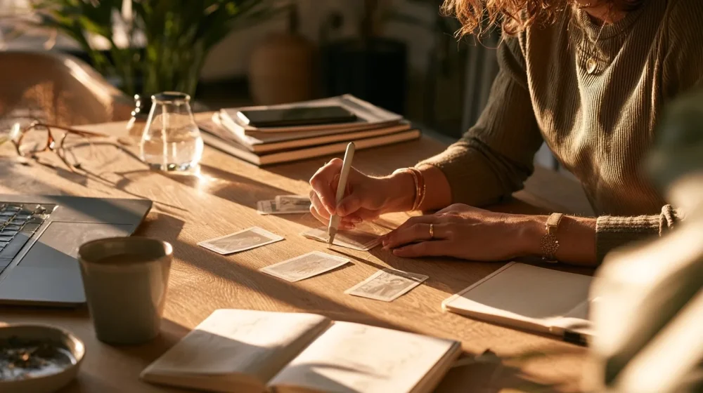 Conflit au travail : faut-il rester, parler ou partir ? — mains près de cartes de tarot discrètes et notes pour clarifier une situation de travail