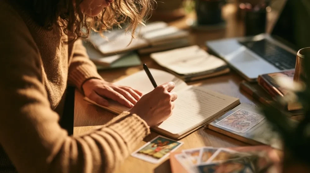 Conflit au travail : faut-il rester, parler ou partir ? — personne préparant une décision professionnelle dans un home office, agenda et carnet, lumière naturelle