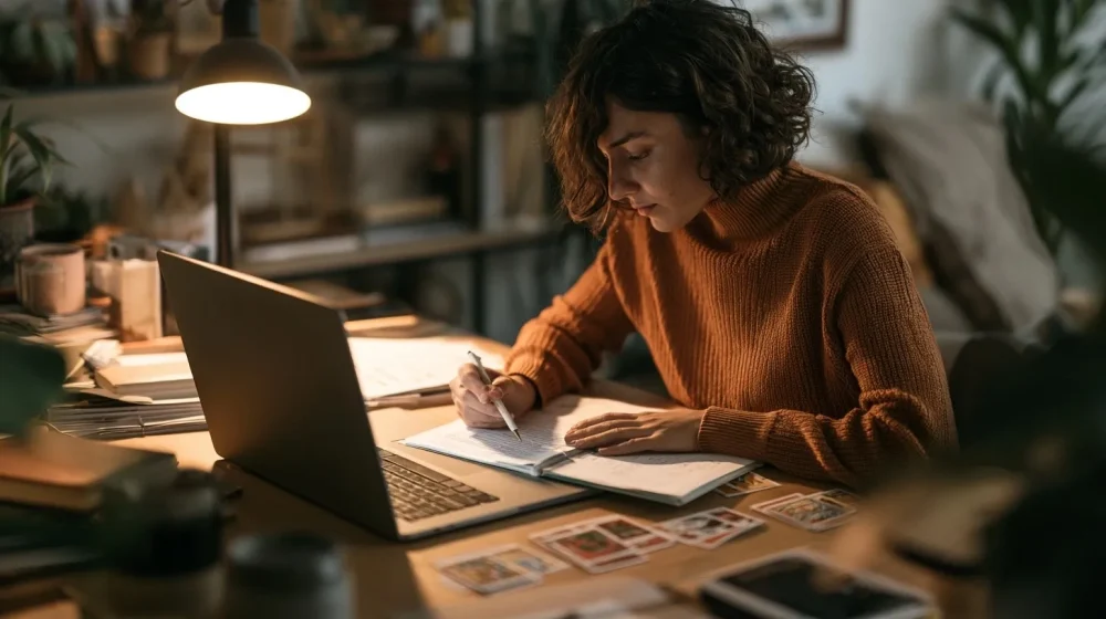 Guidance intuitive par email : comment se déroule la réponse — email de guidance consulté sur ordinateur avec carnet de réflexion et tarot discret, sans texte lisible