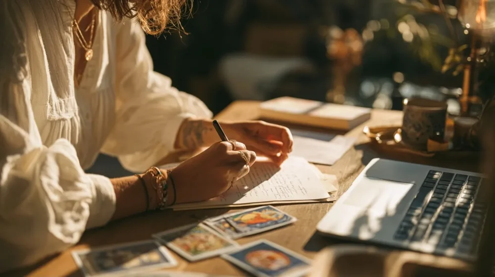 Guidance intuitive par email : comment se déroule la réponse — mains relisant des notes et un tirage de tarot carrière sobre sur un bureau, lumière naturelle