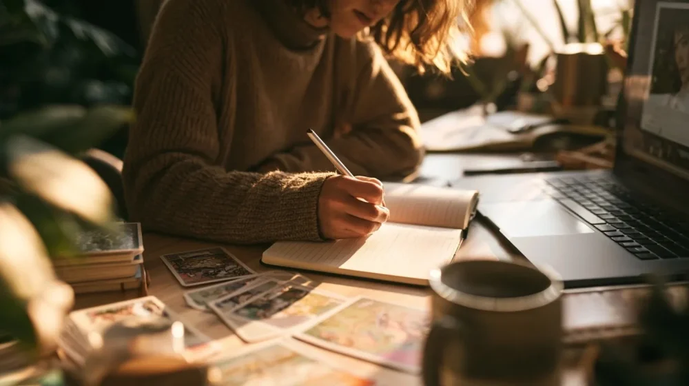 Guidance intuitive par email : comment se déroule la réponse — personne transformant une réflexion en prochaine étape dans un carnet près d un ordinateur, ambiance professionnelle