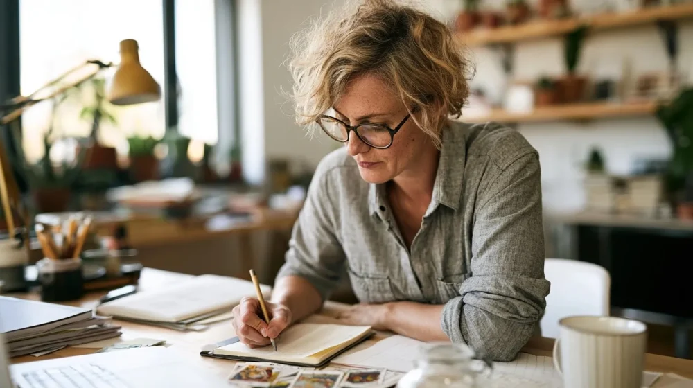 Je pleure avant d’aller travailler : que signifie ce signal ? — salariée notant des situations et priorités dans un carnet sur bureau professionnel, lumière naturelle
