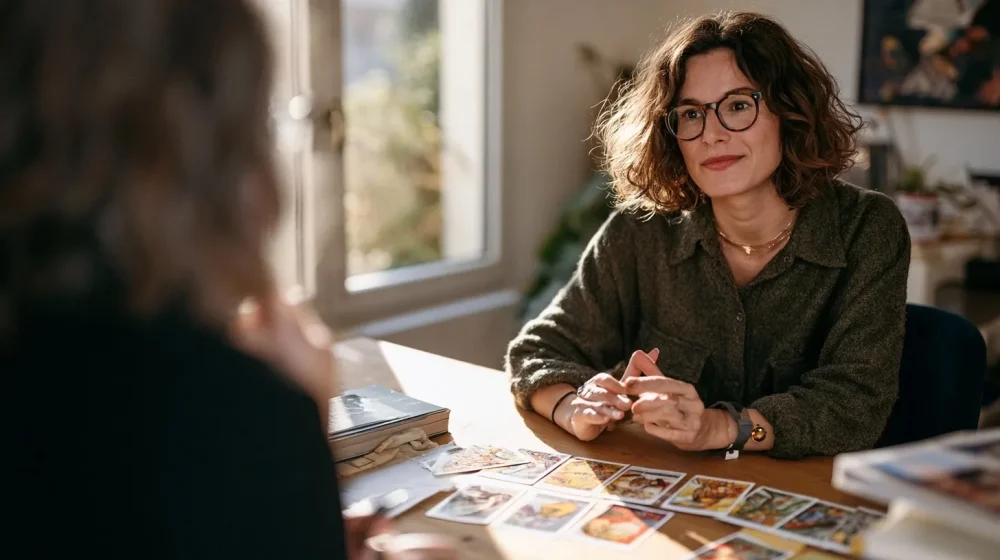 Je pleure avant d’aller travailler : que signifie ce signal ? — échange bienveillant avec un interlocuteur de soutien dans un bureau, ambiance professionnelle sobre
