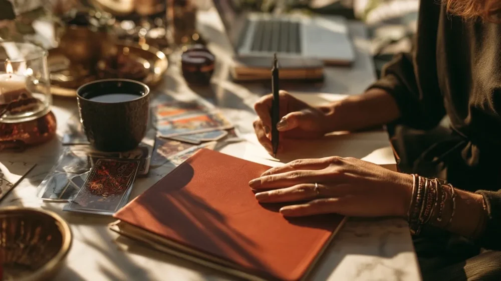 Je pleure avant d’aller travailler : que signifie ce signal ? — mains près de cartes de tarot discrètes et d un carnet de décision professionnelle, style éditorial réaliste