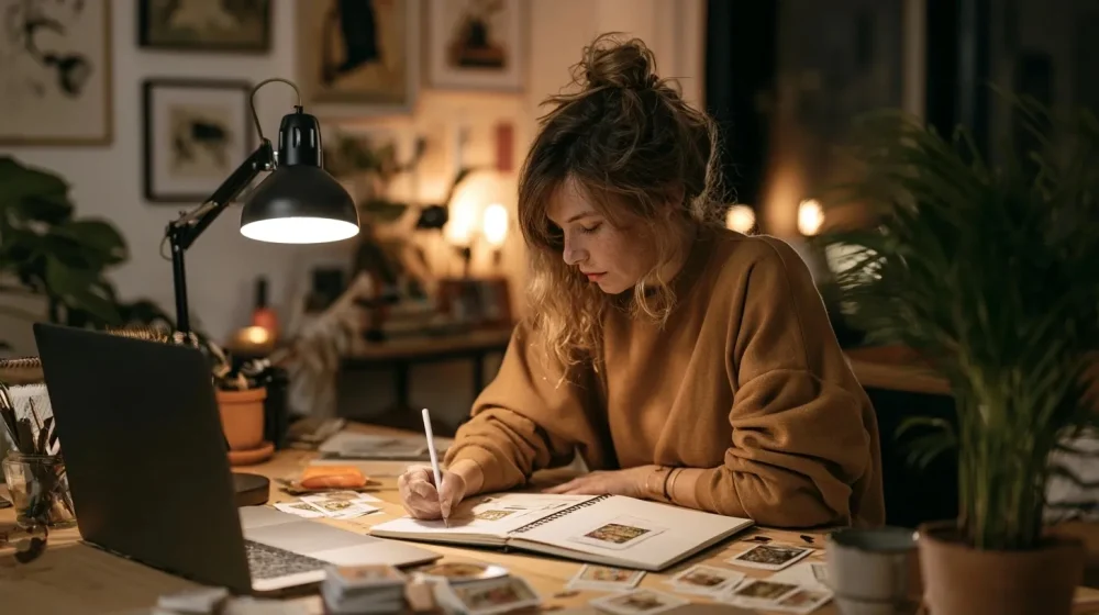 Lancer un projet en parallèle de son travail : méthode réaliste — entrepreneure testant une offre simple avec carnet et ordinateur sur un bureau lumineux, sans texte lisible