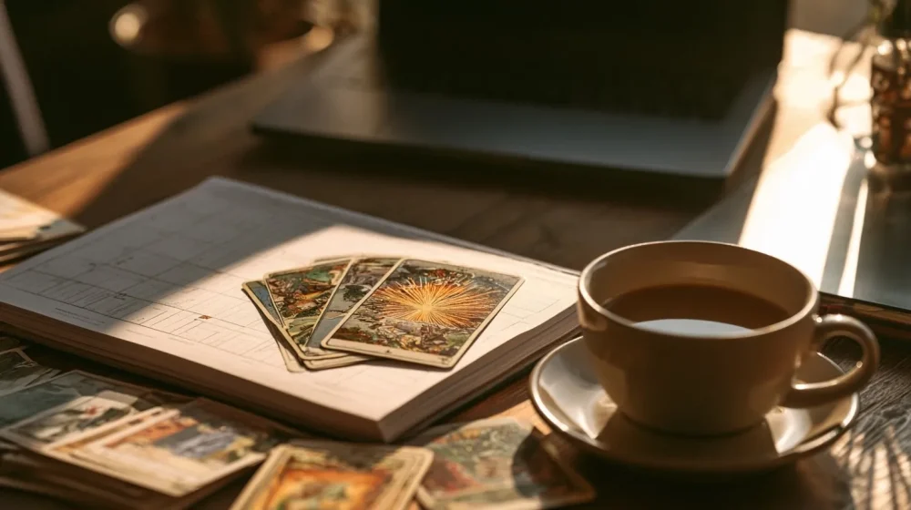 Lancer un projet en parallèle de son travail : méthode réaliste — calendrier et créneaux de travail réalistes sur un bureau avec tasse, ambiance sereine sans texte