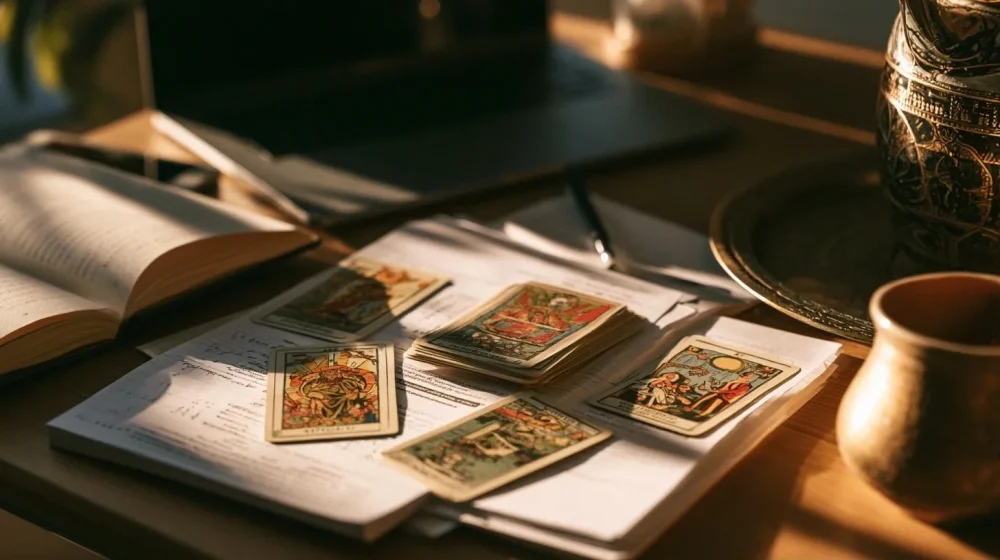 Lancer un projet en parallèle de son travail : méthode réaliste — tirage tarot business discret près de notes de test et d un ordinateur, style magazine professionnel