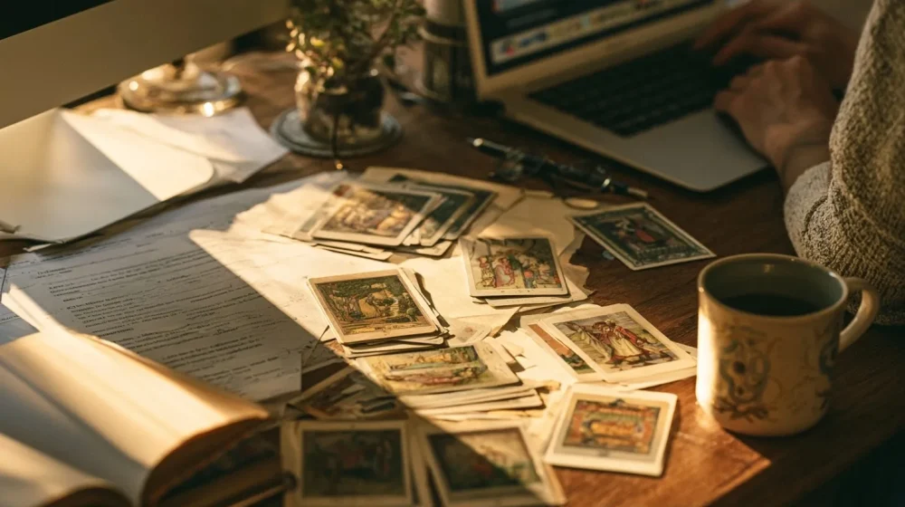 Oracle ou tarot : différences pour une question professionnelle — tirage tarot structuré près de notes de carrière et ordinateur, cartes sobres