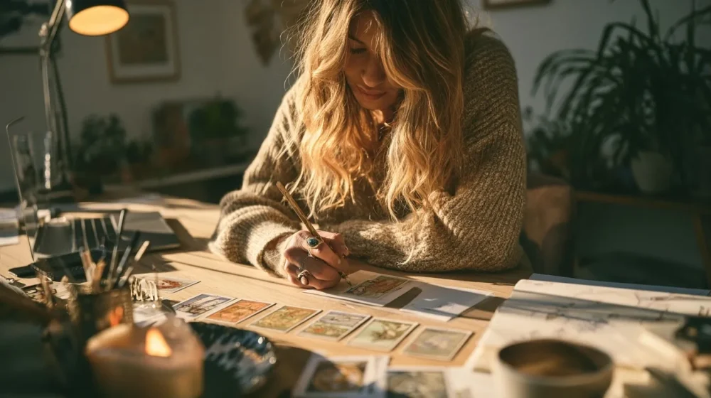 Oracle ou tarot : différences pour une question professionnelle — oracle thématique utilisé pour journal professionnel dans un home office lumineux