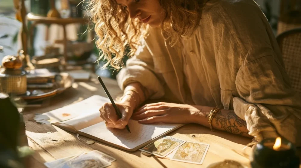 Oracle ou tarot : différences pour une question professionnelle — personne notant une action après une guidance, bureau calme et lumière naturelle