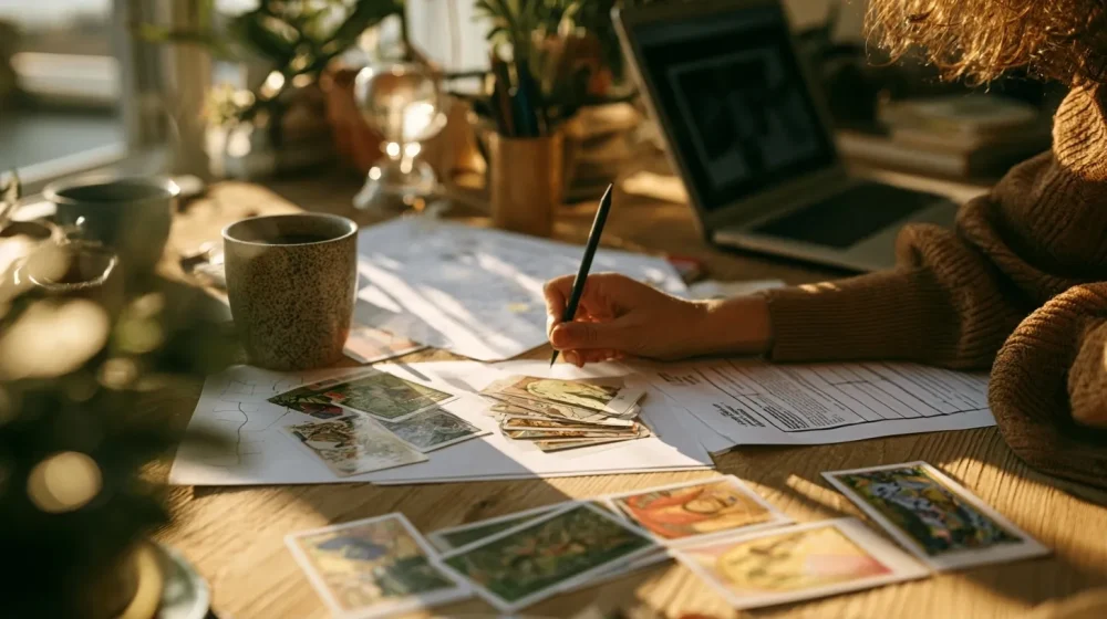 Peur de vendre : comment débloquer son énergie commerciale — cartes de tarot discrètes près d un plan d action commercial et ordinateur portable, style magazine sérieux