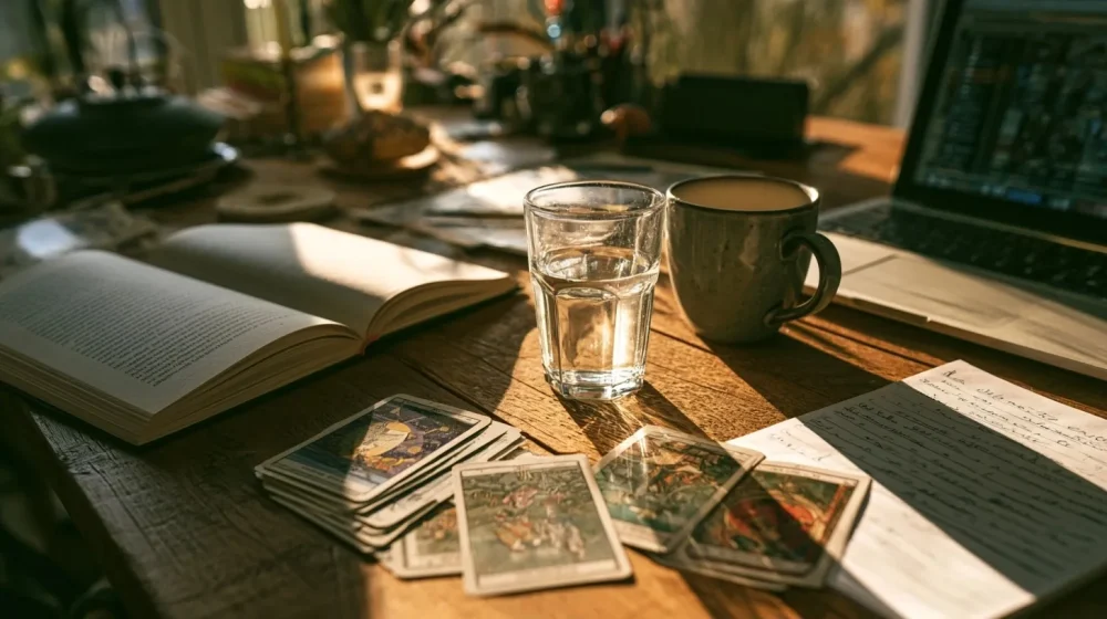 Pourquoi votre projet n’avance pas malgré vos idées — tarot business discret près de notes de test et ordinateur portable, bureau professionnel