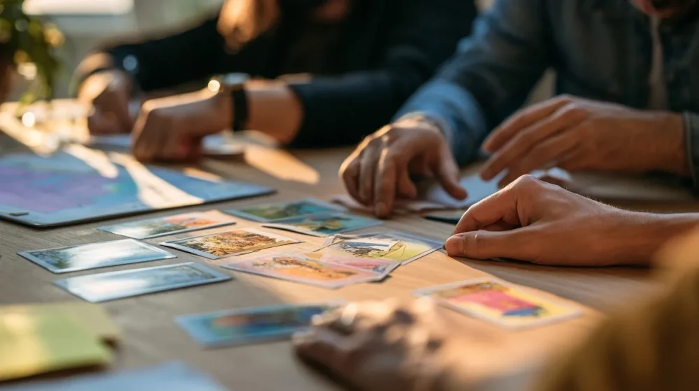 Tarot business : éclairer une décision stratégique sans déléguer son choix — atelier de réflexion business avec tableau et notes sans texte lisible, lumière naturelle