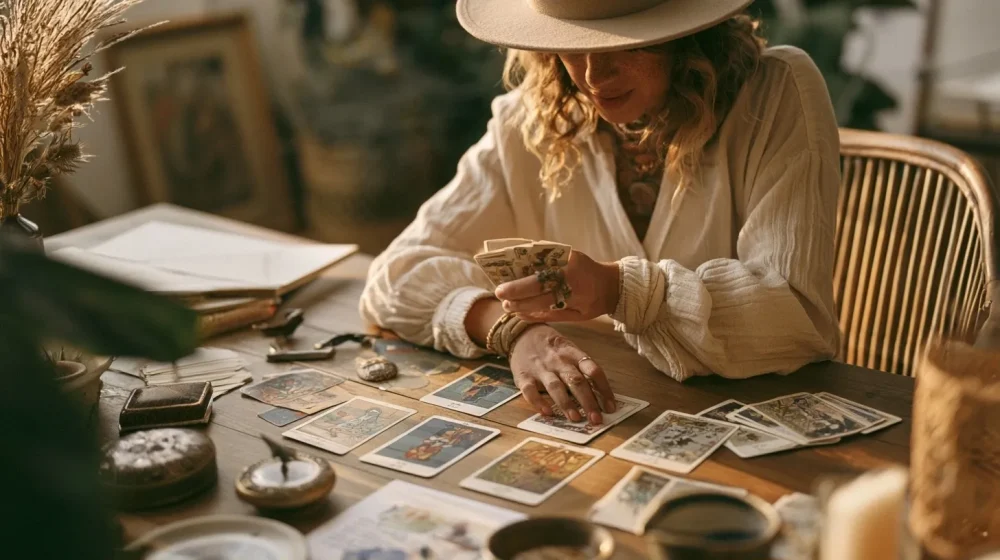 Tarot business : éclairer une décision stratégique sans déléguer son choix — tirage tarot sobre pour clarifier une décision entrepreneuriale, mains et cartes sur bureau