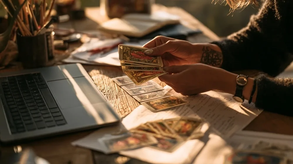 Tirage 5 cartes : éclairer une décision professionnelle précise — mains organisant cinq cartes près d un ordinateur et notes de décision