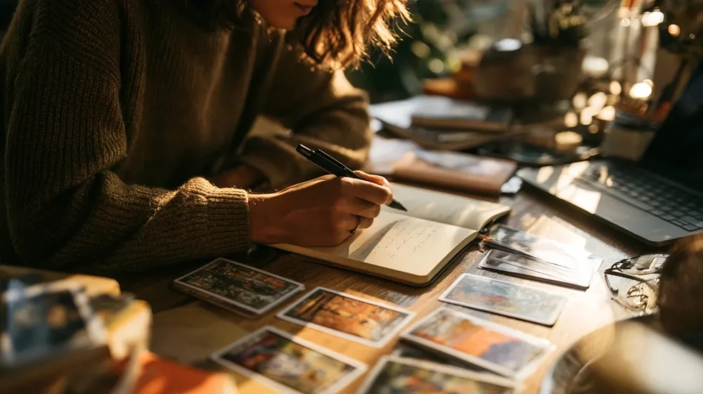 Tirage 5 cartes : éclairer une décision professionnelle précise — personne relisant une guidance et notant les éléments à vérifier dans un carnet
