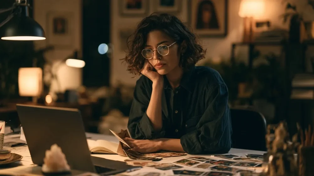 Voyance sérieuse : les critères pour éviter les mauvaises expériences — personne lisant une réponse de guidance avec recul, ordinateur et carnet, lumière naturelle sans texte lisible