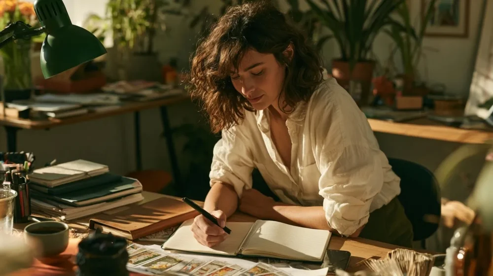 Voyance sérieuse : les critères pour éviter les mauvaises expériences — personne transformant une réflexion en prochaine étape sur carnet de travail, bureau lumineux professionnel