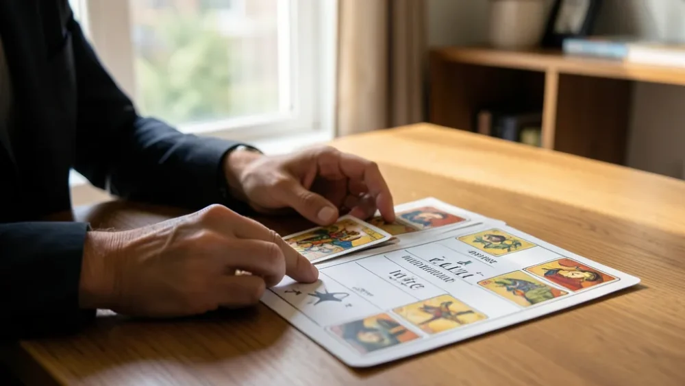Choisir entre deux opportunités professionnelles : méthode rationnelle et intuitive — mains près de cartes de tarot discrètes et grille de décision de carrière sur bureau