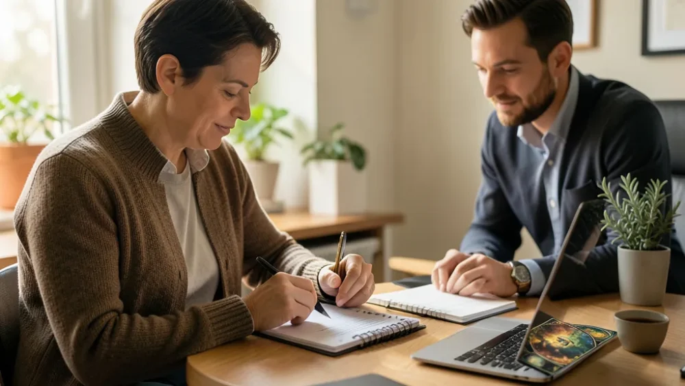 Choisir entre deux opportunités professionnelles : méthode rationnelle et intuitive — personne préparant son choix professionnel avec agenda et notes, home office calme
